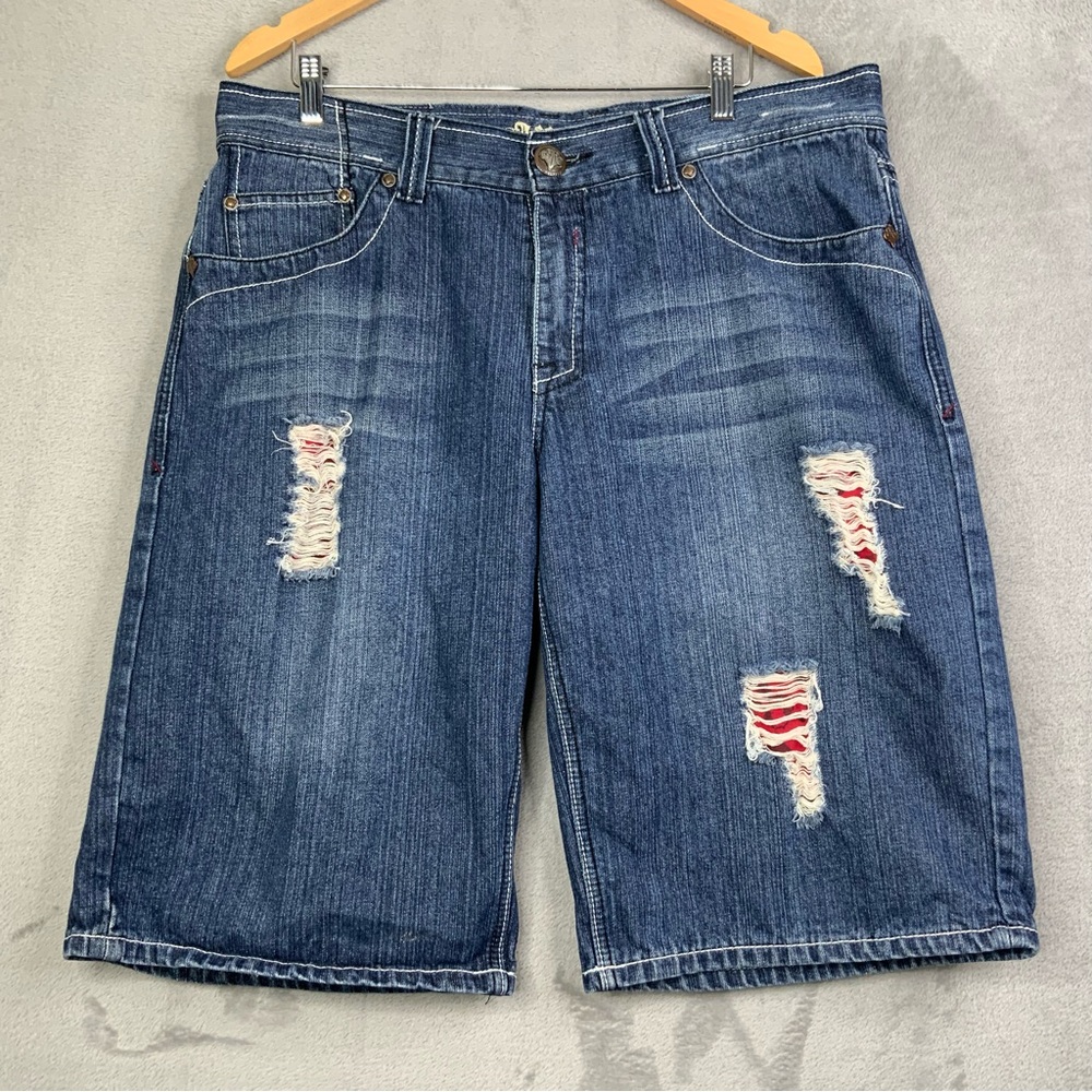 Affliction Blue Distressed Denim Shorts with Red Patch Accents